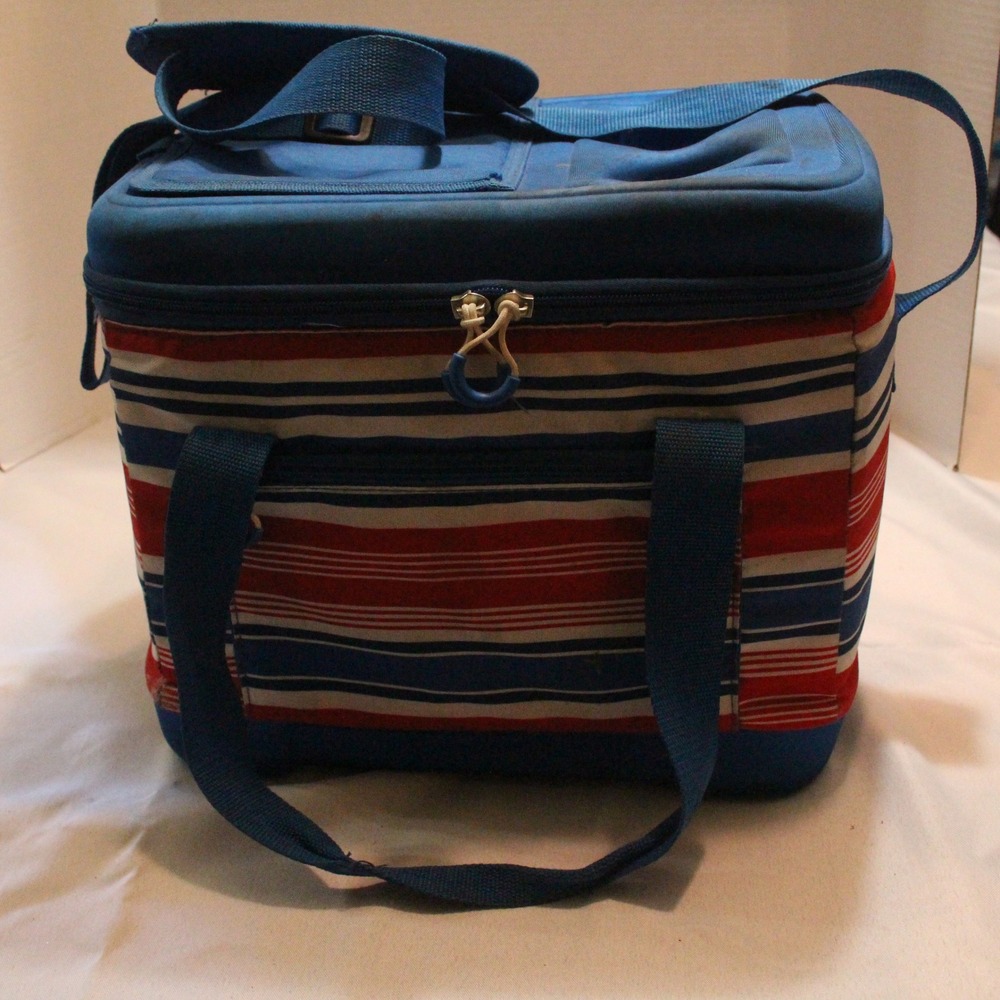 Target Blue Red Striped Insulated Lunch Cooler Bag Drink Holders Picnic Travel‎